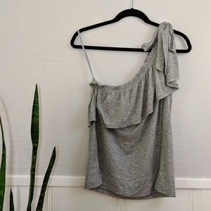 LOFT Gray One Shoulder Knit Ruffle Tie Tank